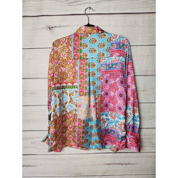 Zara Womens Button Up Shirt Multicolor Patchwork Long Sleeve Cuff V Neck L - Picture 2 of 5